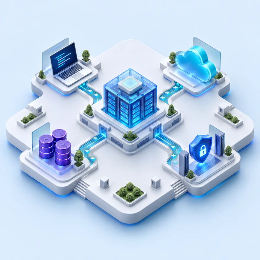 An abstract connected technology landscape in CAPS blue, cyan and violet